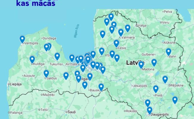 Latvijas karte ar desmitiem zilu piespraudes ikonu, kas norāda projekta 