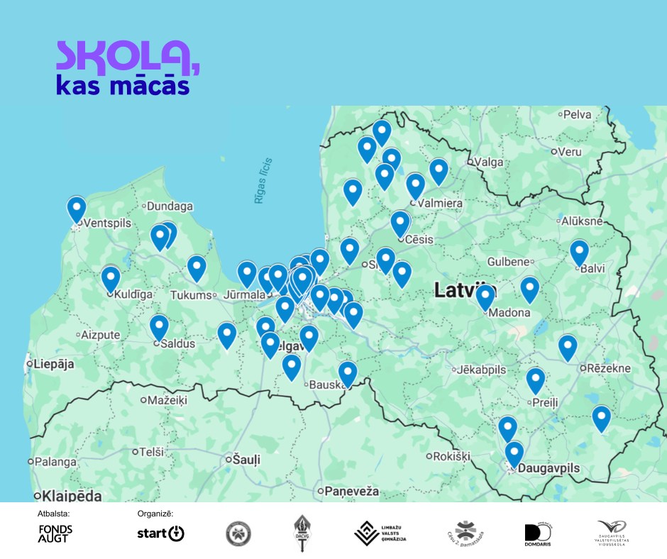 Latvijas karte ar desmitiem zilu piespraudes ikonu, kas norāda projekta 