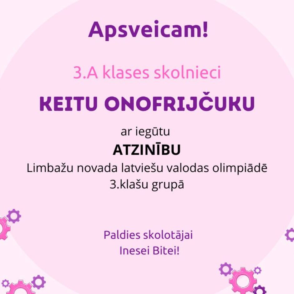 Apsveikuma ziņojums rozā fonā ar violetu apli un zobratiem. Teksts: 