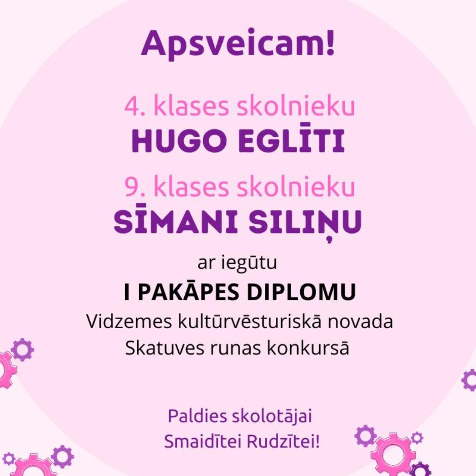 Apsveicam! 4. klases skolnieku HUGO EGLĪTI, 9. klases skolnieku SĪMANI SILIŅU ar iegūtu I PAKĀPES DIPLOMU Vidzemes kultūrvēsturiskā novada Skatuves runas konkursā. Paldies skolotājai Smaidītei Rudzītei!