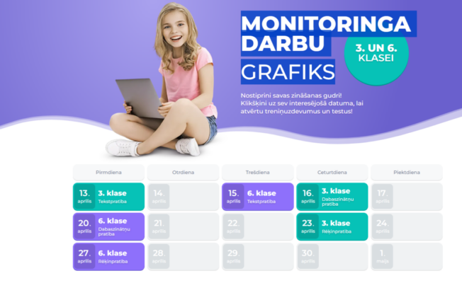 Smaidīga meitene sēž sakrustotām kājām ar klēpjdatoru. Blakus redzams monitors ar uzrakstu 