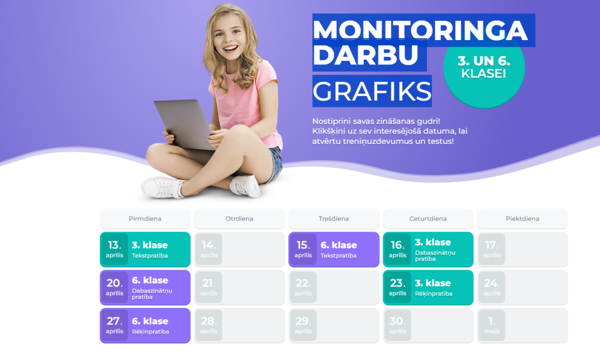 Smaidīga meitene sēž sakrustotām kājām ar klēpjdatoru. Blakus redzams monitors ar uzrakstu 