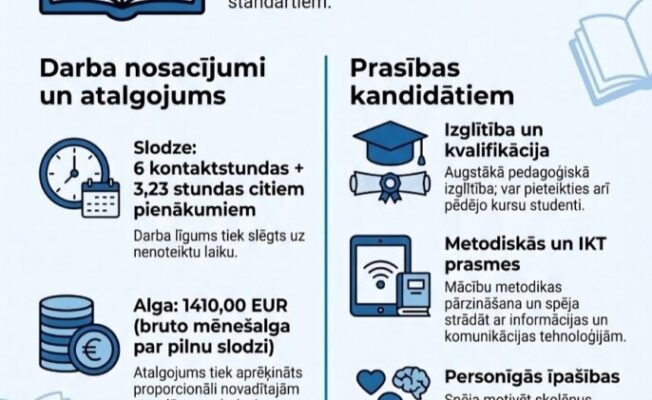 Vakance: Latvijas un pasaules vēstures skolotājs/-a 7.-9. klasēm. Darba slodze: 6 kontaktstundas + 3,23 stundas citiem pienākumiem. Bruto mēnešalga par pilnu slodzi 1410,00 EUR. Nepieciešama augstākā pedagoģiskā izglītība vai var pieteikties pēdējo kursu studenti. Nepieciešamie dokumenti: CV, pieteikuma vēstule un izglītību apliecinošu dokumentu kopijas. Sūtīt uz alojas.pamatskola@limbazunovads.lv. Papildu informācijai zvanīt direktorei Inai Šternfeldei pa tālruni +371 26433308.