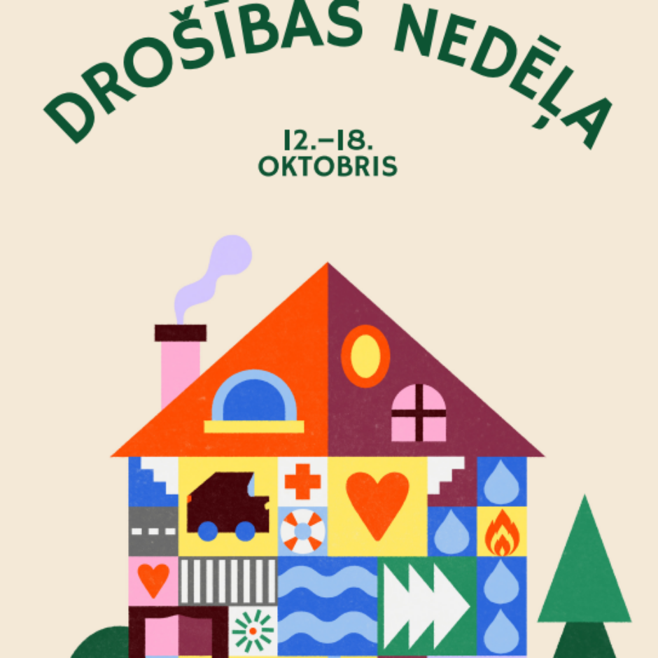 Krāsaina ilustrācija ar stilizētu māju, kas veidota no kvadrātiem ar dažādiem drošības simboliem, piemēram, auto, pirmās palīdzības krusts, sirds, glābšanas riņķis, uguns, ūdens, vairogs, telefons un piekaramā slēdzene. Virs mājas zaļā krāsā rakstīts 